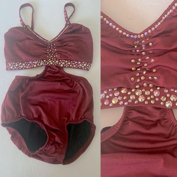 Kelle custom solo rhinestone 2 piece style leotard Dance Costume burgundy red MA - Picture 3 of 11